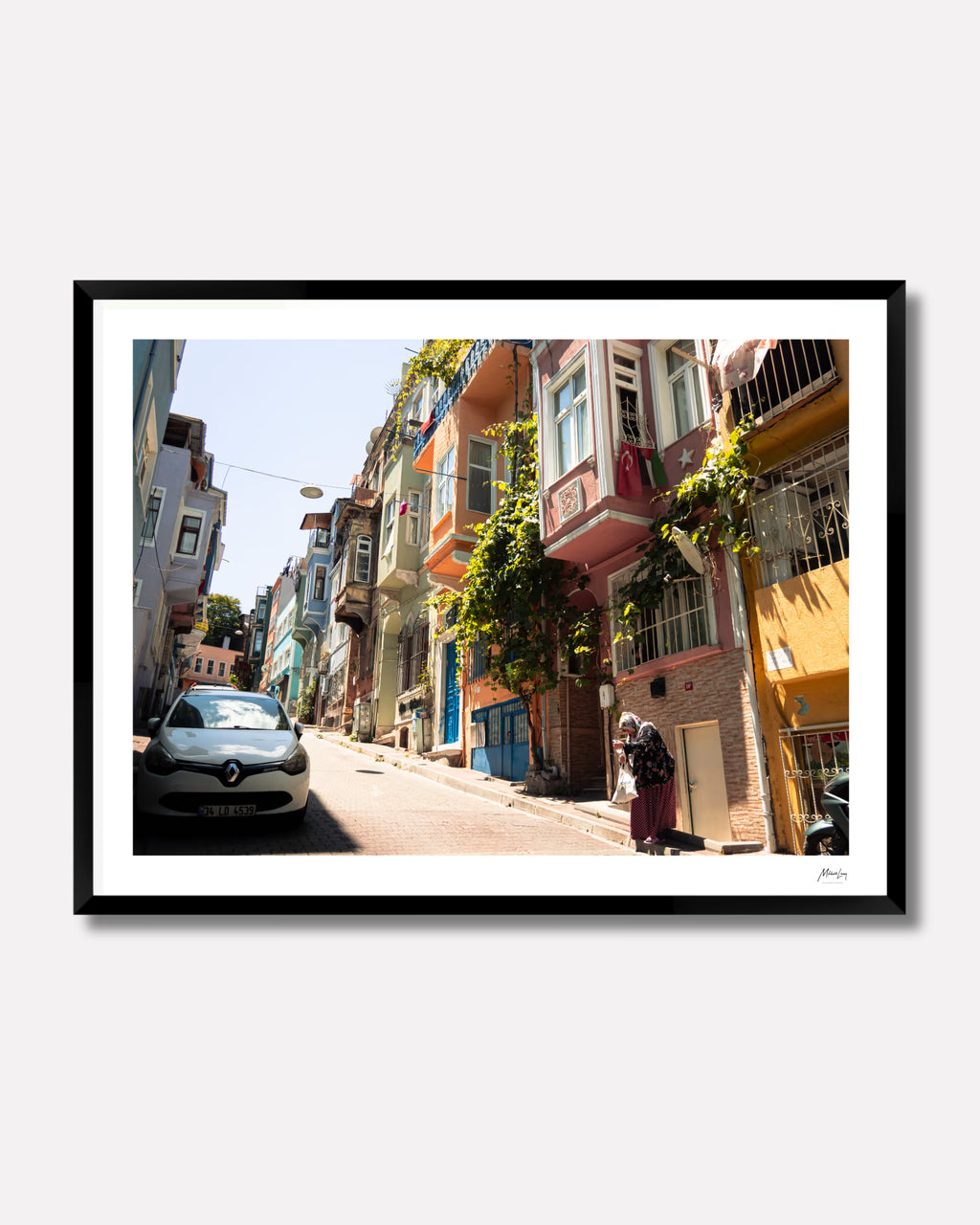Balat. limited edition print shown framed in matte black — pastel houses and a cobbled street in Balat, Istanbul