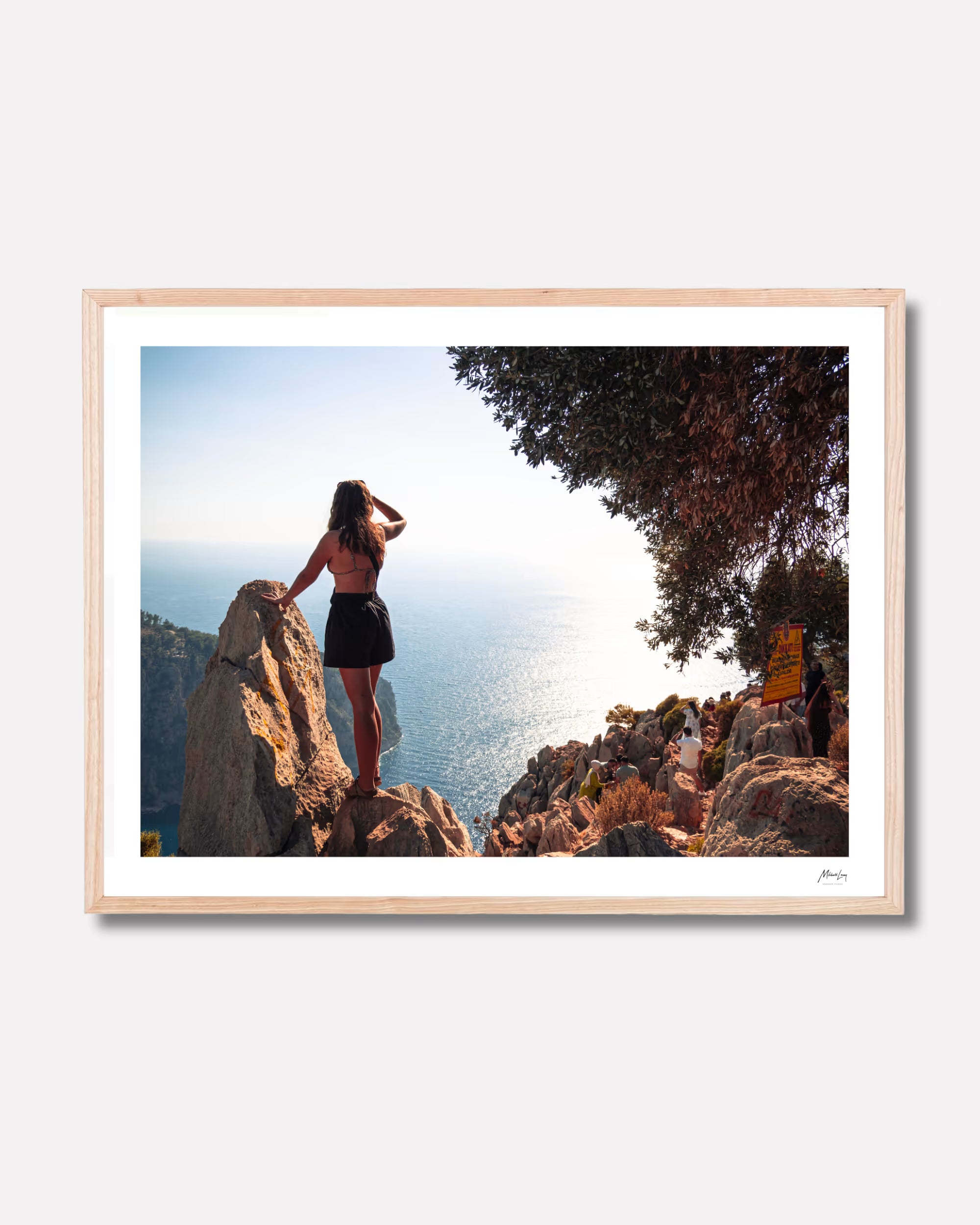 Framed photograph of a woman standing on a rock by the sea with a tree in the background.